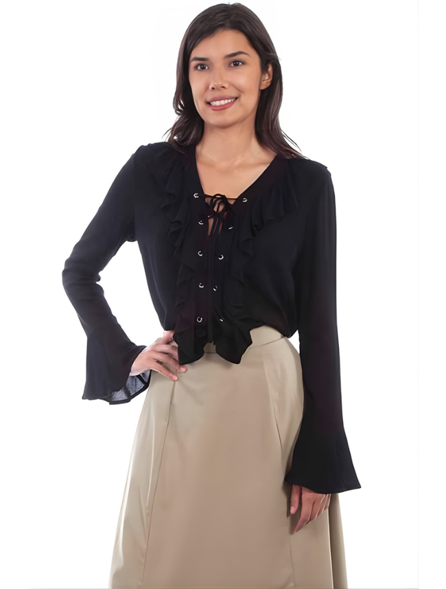 Scully Women's Black Ruffled Front Blouse