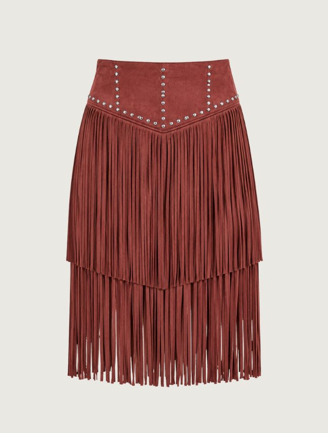 Rock & Roll Denim Midi Microsuede Fringe Skirt