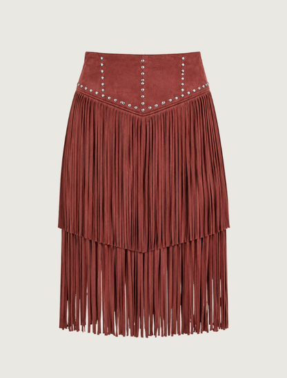Rock & Roll Denim Midi Microsuede Fringe Skirt