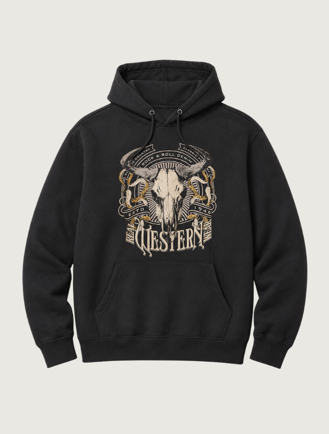 Rock & Roll Denim washed-black unisex pullover hoodie, front view, with a cream and gold steer-skull Western graphic