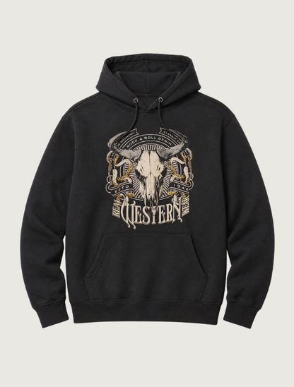 Rock & Roll Denim washed-black unisex pullover hoodie, front view, with a cream and gold steer-skull Western graphic