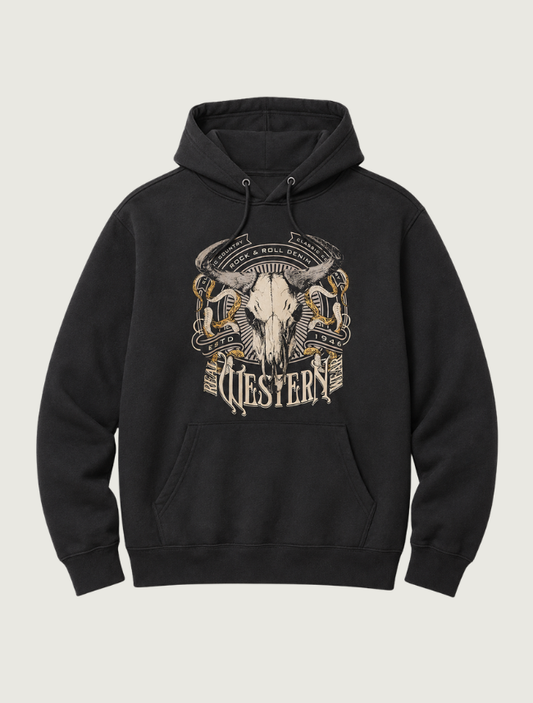 Rock & Roll Denim washed-black unisex pullover hoodie, front view, with a cream and gold steer-skull Western graphic