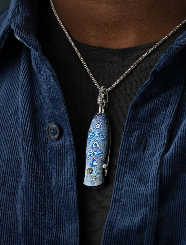 William Henry 'Cosmos' MokuTi Pendant Knife with White Topaz, Sterling Silver, and Damascus Steel Blade