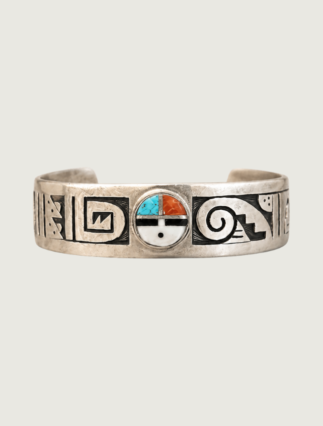 Sterling silver Sun Face Kachina cuff bracelet with multi-stone inlay, front view
