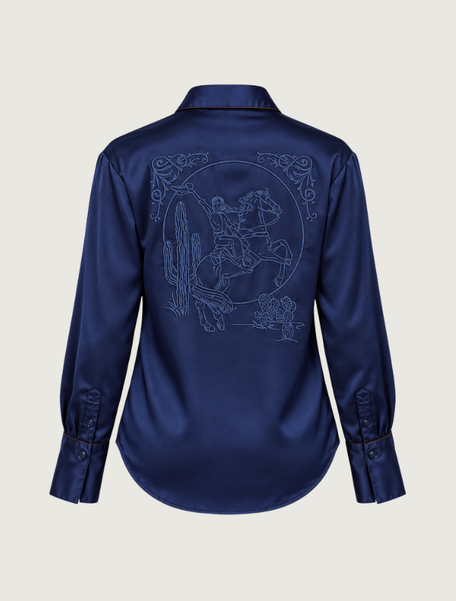Stetson Navy Satin Embroidered Western Shirt