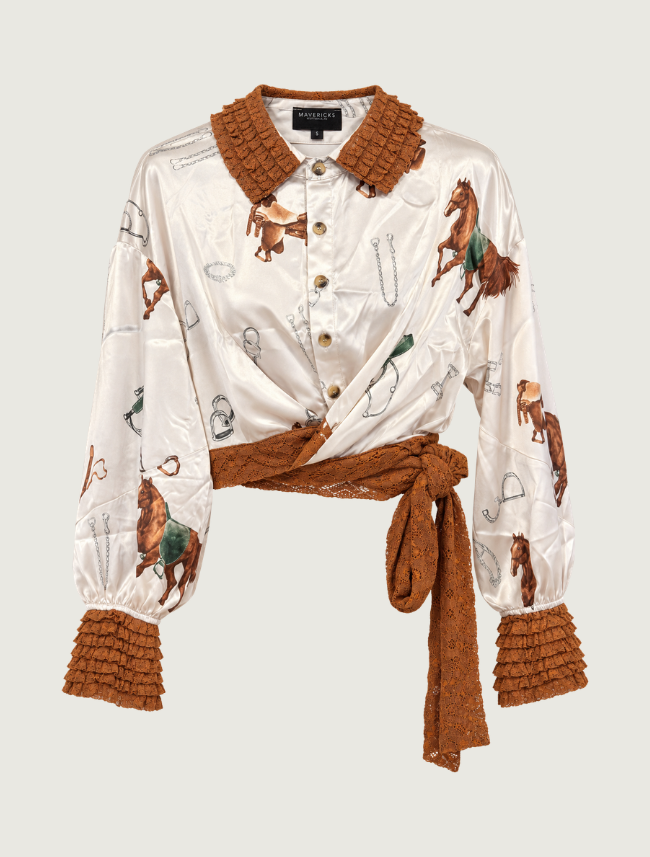 Mavericks Satin Horse Print Wrap Top in Silver Grey