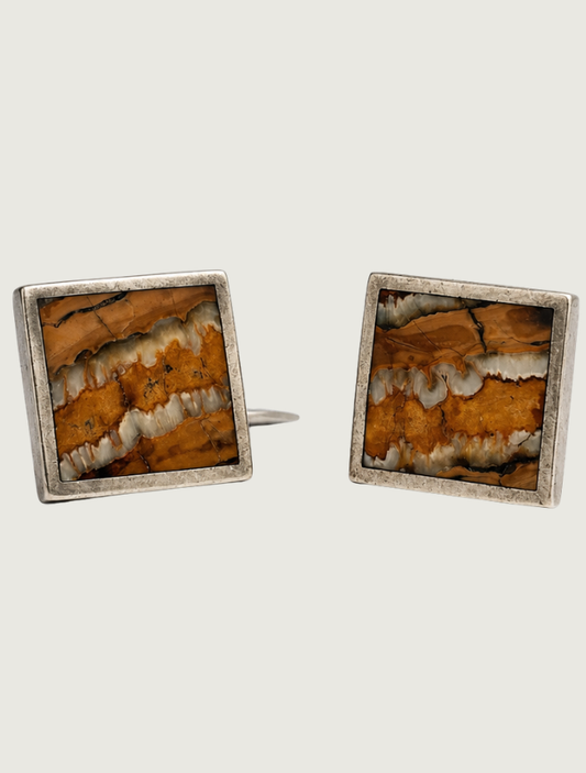 William Henry 'Brown Mammoth Duo' Sterling Silver Cufflinks with Brown Wooly Mammoth Tooth Fossil Inlay