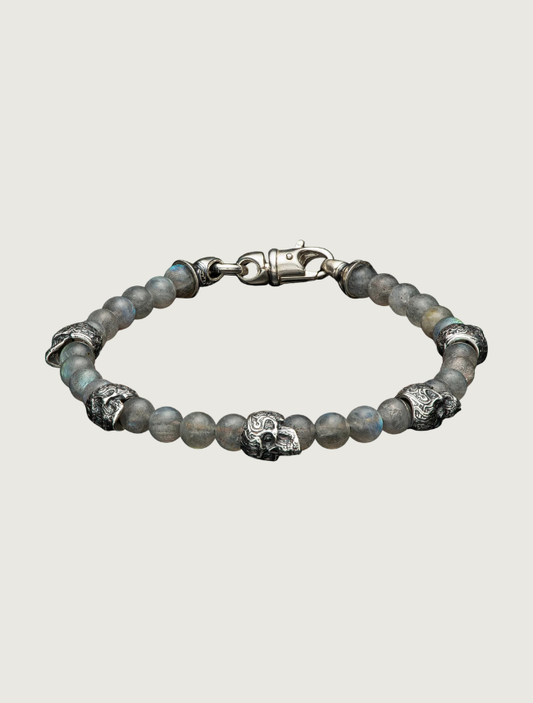 William Henry Labradorite Beaded Bracelet with Sculpted Sterling Silver Skulls, M