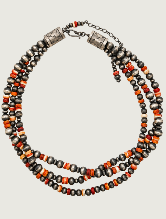 Silver Spiny Oyster Shell Three-Strand Beaded Necklace