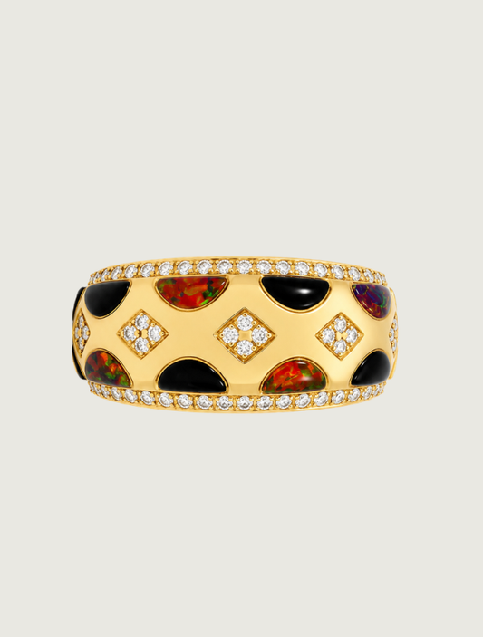 14K Yellow Gold Diamond, Black Jade, & Red Opal Ring