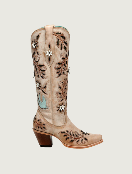 Corral Straw Laser, Flowers & Birds Inlay Cowgirl Boots
