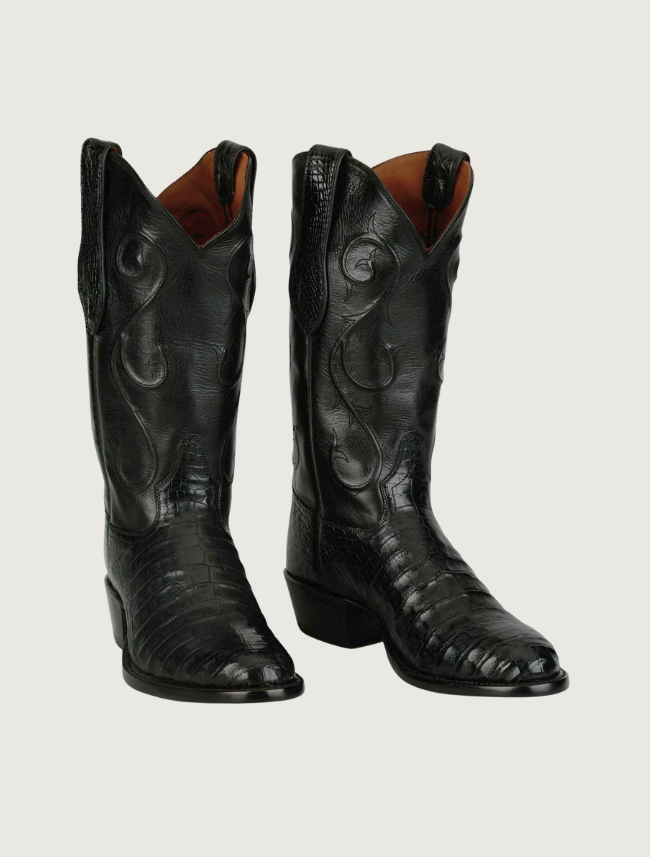 Tony Lama Agustin black caiman cowboy boots — quarter view, pair
