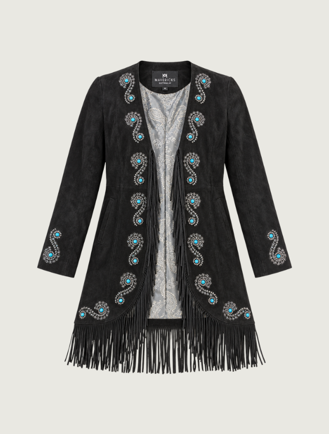 Mavericks Turquoise Studded Embroidered Fringe Suede Coat