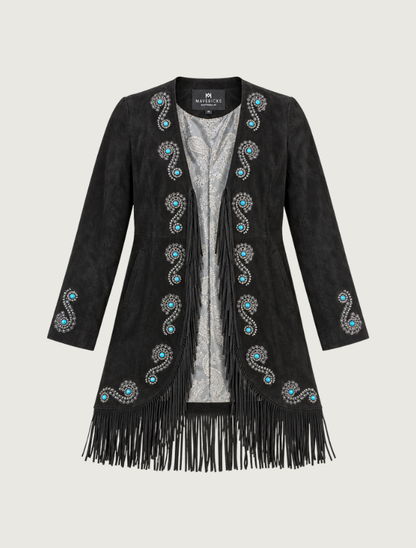 Mavericks Turquoise Studded Embroidered Fringe Suede Coat