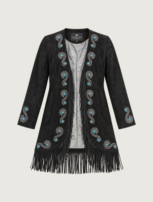 Mavericks Turquoise Studded Embroidered Fringe Suede Coat