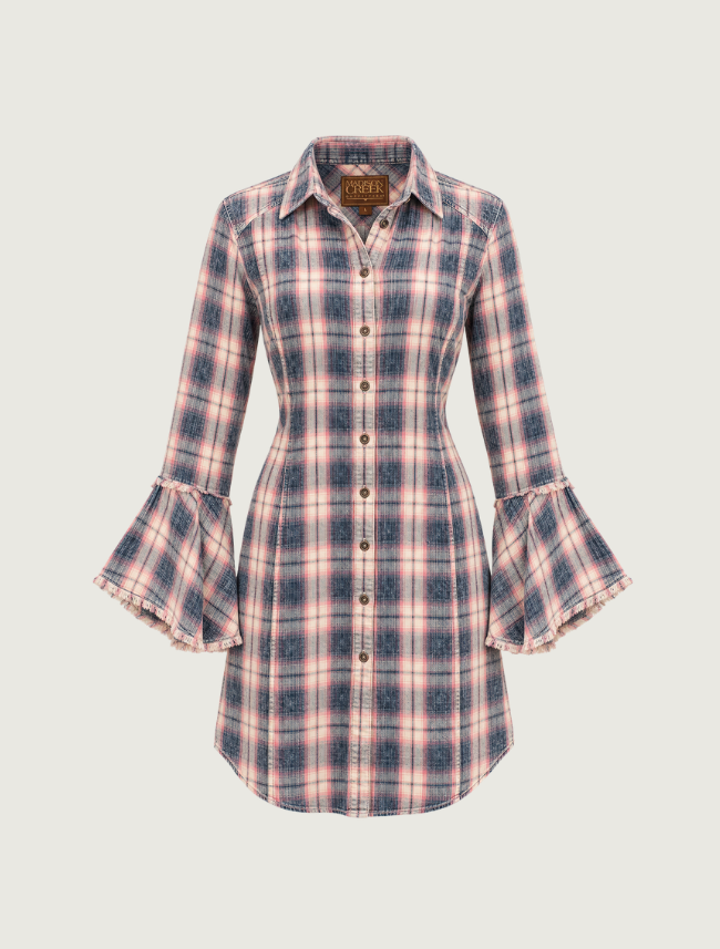 Madison Creek Addison Bell Sleeve Shirt Dress in Indigo Plaid