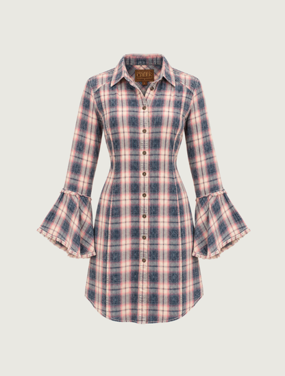 Madison Creek Addison Bell Sleeve Shirt Dress in Indigo Plaid