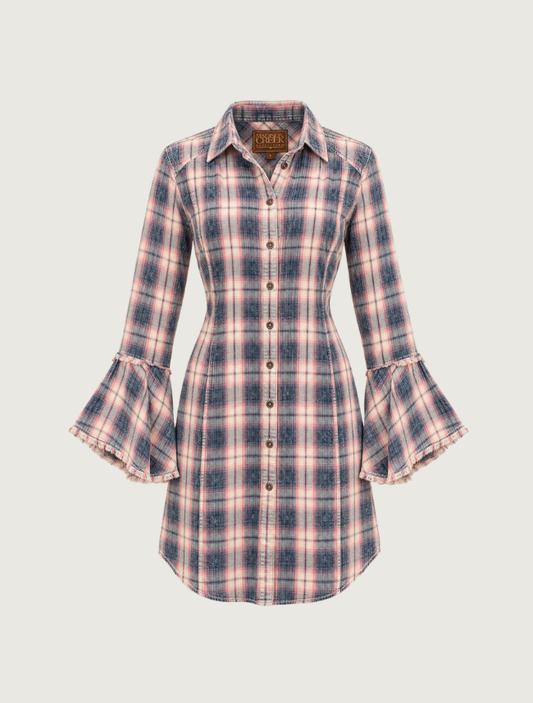 Madison Creek Addison Bell Sleeve Shirt Dress in Indigo Plaid