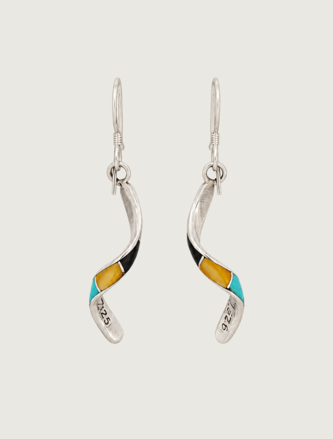 Sterling silver multi-stone twisted inlay drop earrings, back view, pair