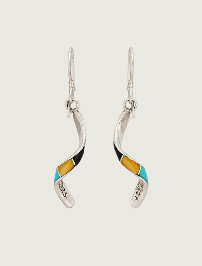 Sterling silver multi-stone twisted inlay drop earrings, back view, pair