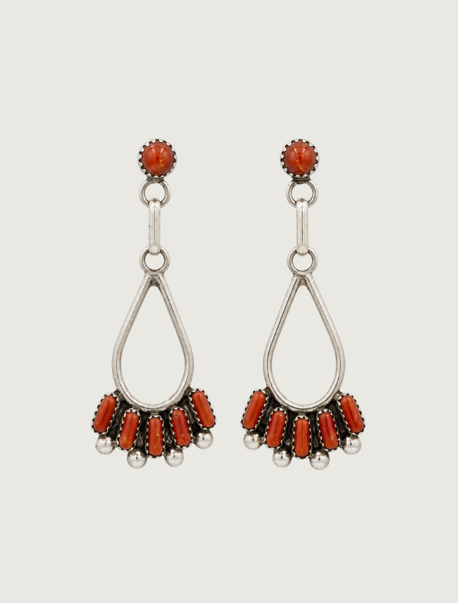 M. Boone coral needlepoint chandelier earrings, front view, pair