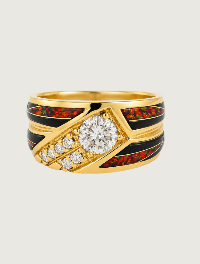 14K Yellow Gold Diamond, Black Jade, & Red Opal Ring