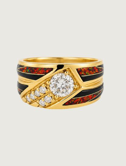 14K Yellow Gold Diamond, Black Jade, & Red Opal Ring