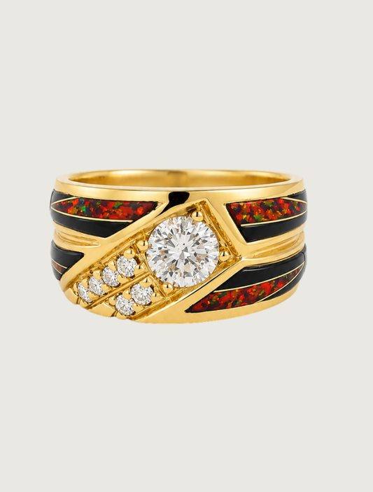 14K Yellow Gold Diamond, Black Jade, & Red Opal Ring