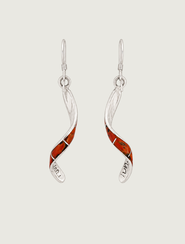 Sterling silver twisted coral inlay drop earrings, back view, pair