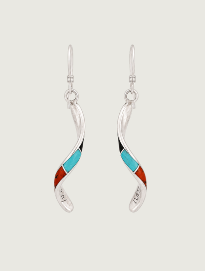 Sterling silver multi-stone twisted inlay drop earrings, back view, pair