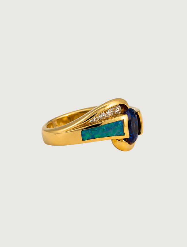 14K Yellow Gold Tanzanite, Opal, & Diamond Ring