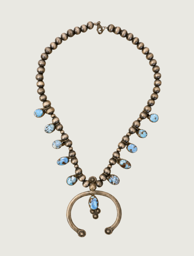 Donovan Skeet sterling silver and Golden Hills turquoise squash blossom necklace, full view