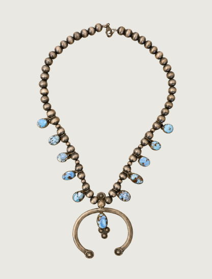 Donovan Skeet sterling silver and Golden Hills turquoise squash blossom necklace, full view