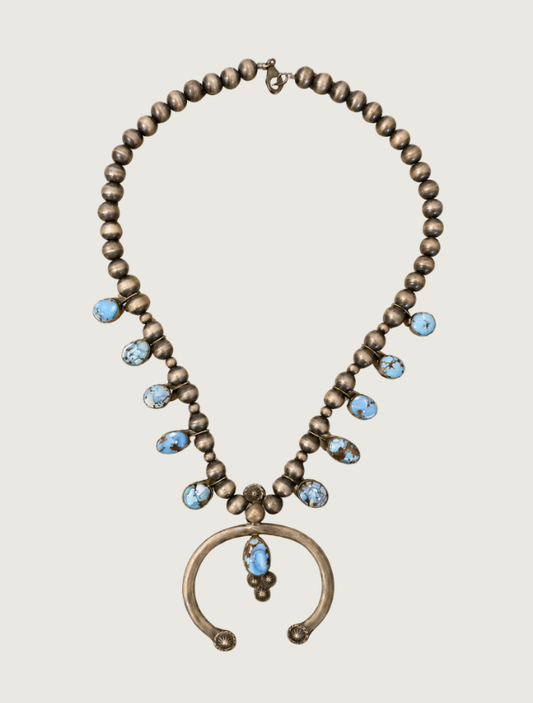 Donovan Skeet sterling silver and Golden Hills turquoise squash blossom necklace, full view