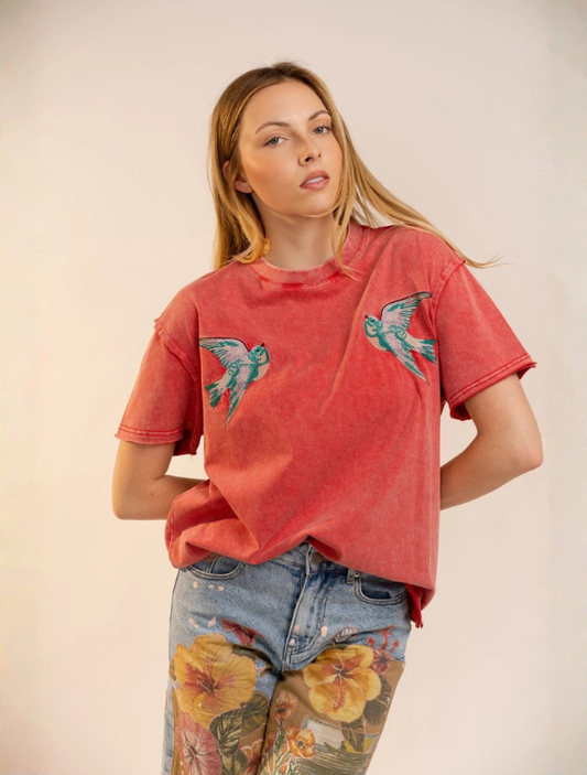 Blue B Bird Embroidered Mineral Wash Tee