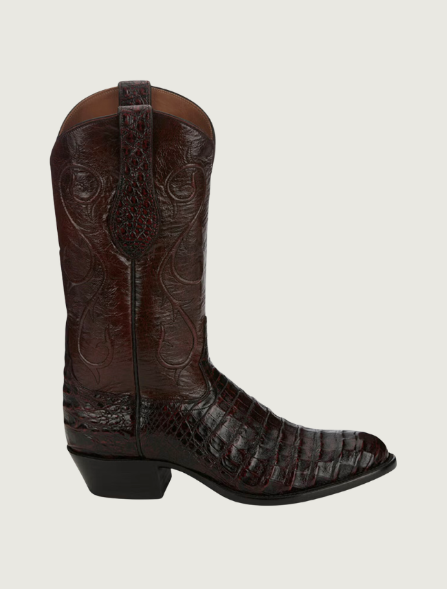 Tony Lama Vicente black cherry caiman cowboy boot — side view