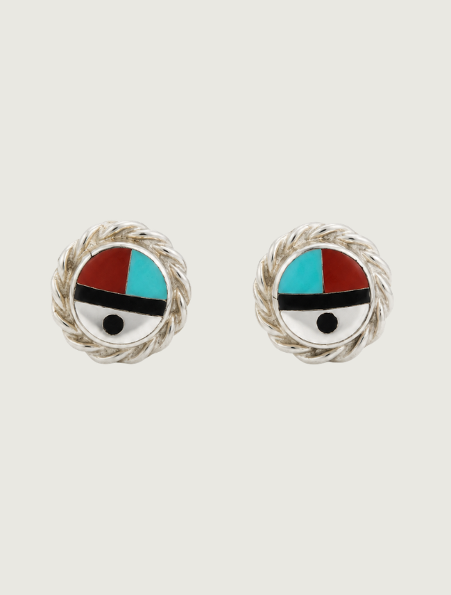 Sterling silver sunface inlay stud earrings, front view, pair