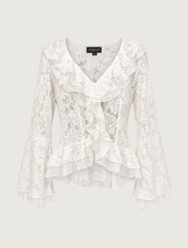Mavericks Double Ruffle Lace Blouse in Off White