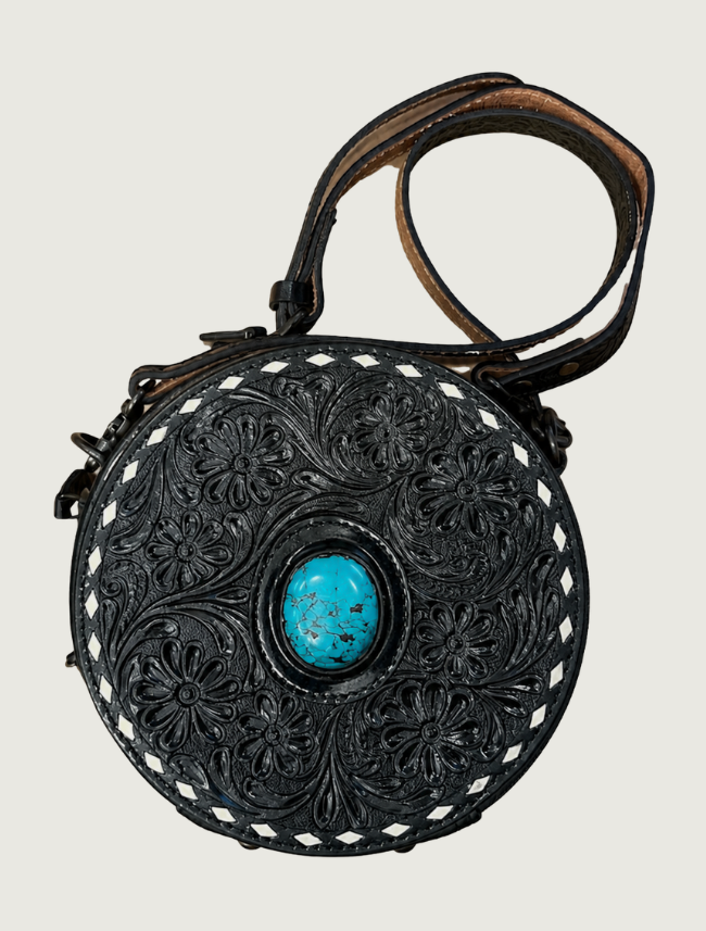 Mavericks Black Tooled Leather Round Crossbody Bag with Turquoise Concho