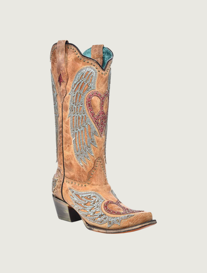 Corral Heart & Cross Overlay Worn Finish Cowgirl Boots