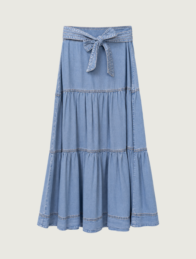 Mavericks Chambray Tiered Tie Front Midi Skirt
