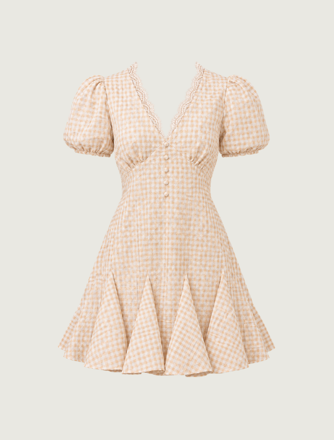 Mavericks Embroidered Gingham Puff Sleeve Mini Dress in Beige
