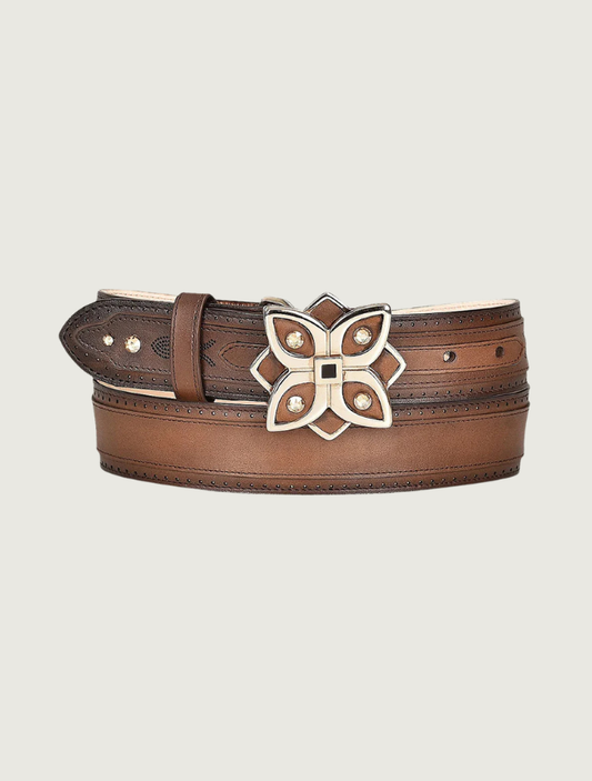 Cuadra Women's Brown Crystal Floral Buckle Leather Belt