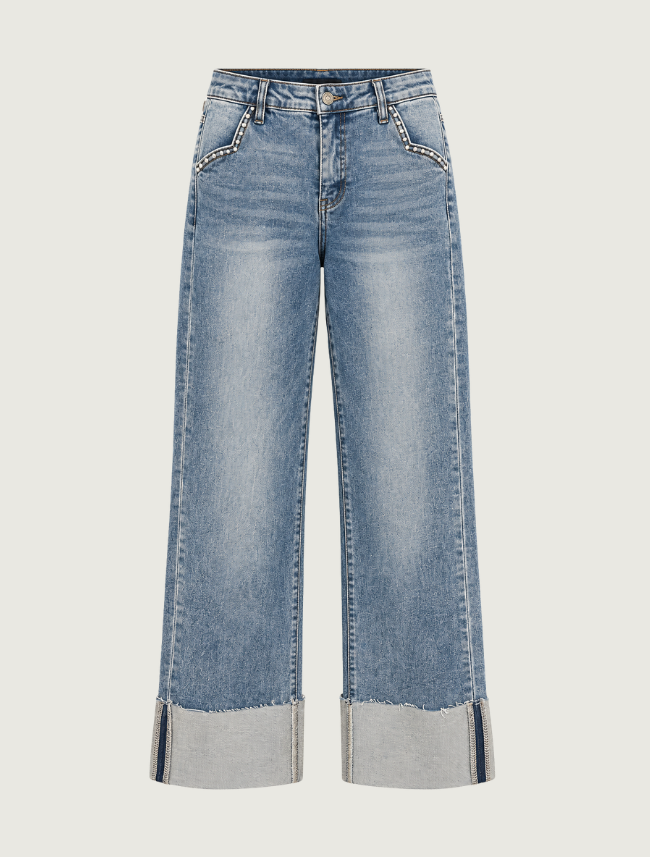 Lucky & Blessed Mid Wash Studded Pocket Cuffed Straight Leg Jeans