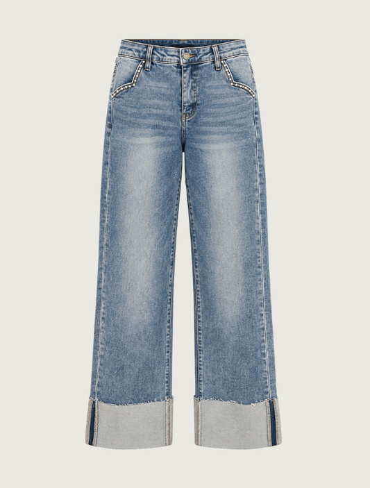 Lucky & Blessed Mid Wash Studded Pocket Cuffed Straight Leg Jeans