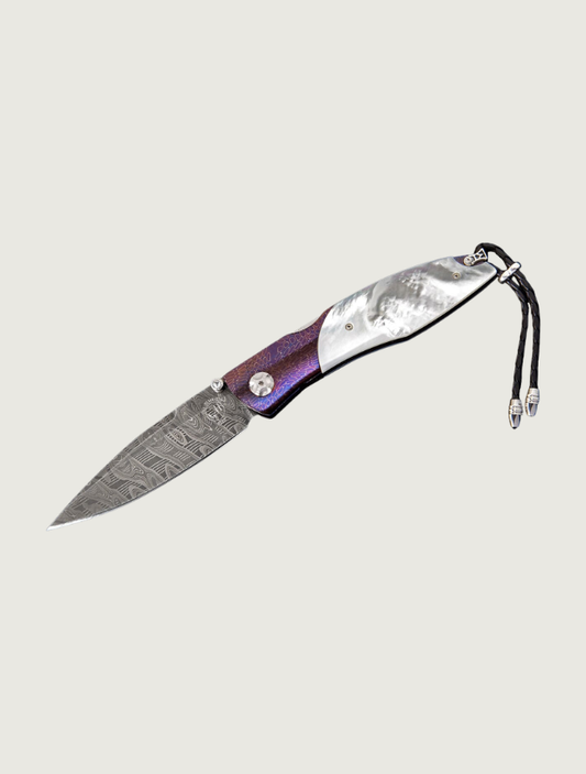 William Henry Steel and Mother of Pearl Pocket Knife with Topaz and Damascus Steel Blade
