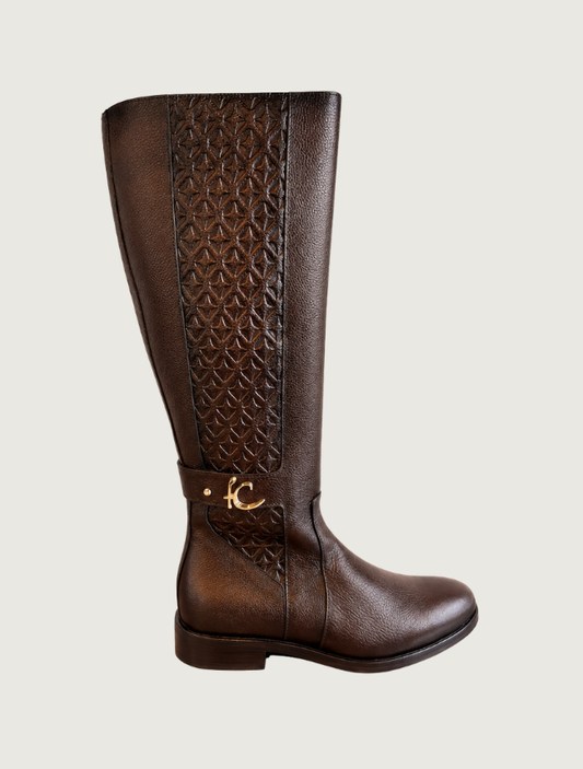 Cuadra brown deer leather riding boot, side view, with an embossed shaft panel and gold logo strap at the ankle