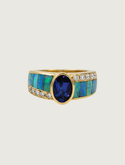 14K Yellow Gold Tanzanite, Opal, & Diamond Ring