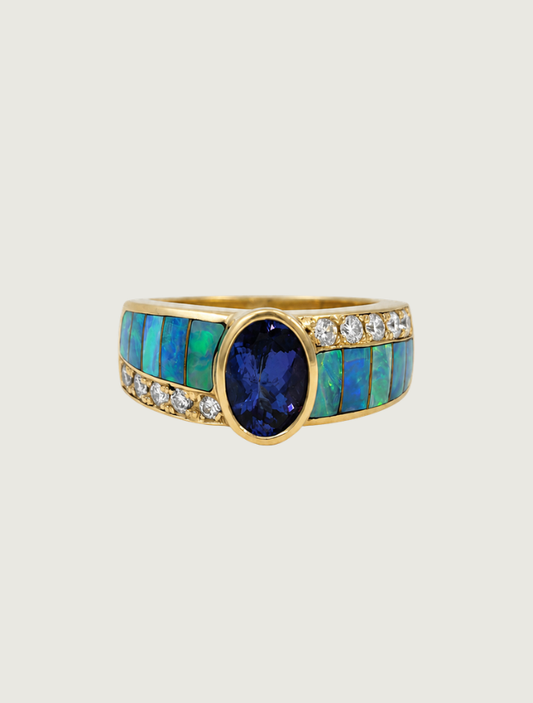 14K Yellow Gold Tanzanite, Opal, & Diamond Ring