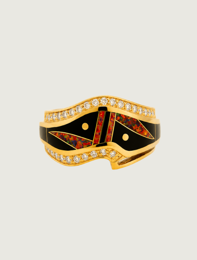 14K Yellow Gold Diamond, Black Jade, & Fire Opal Ring